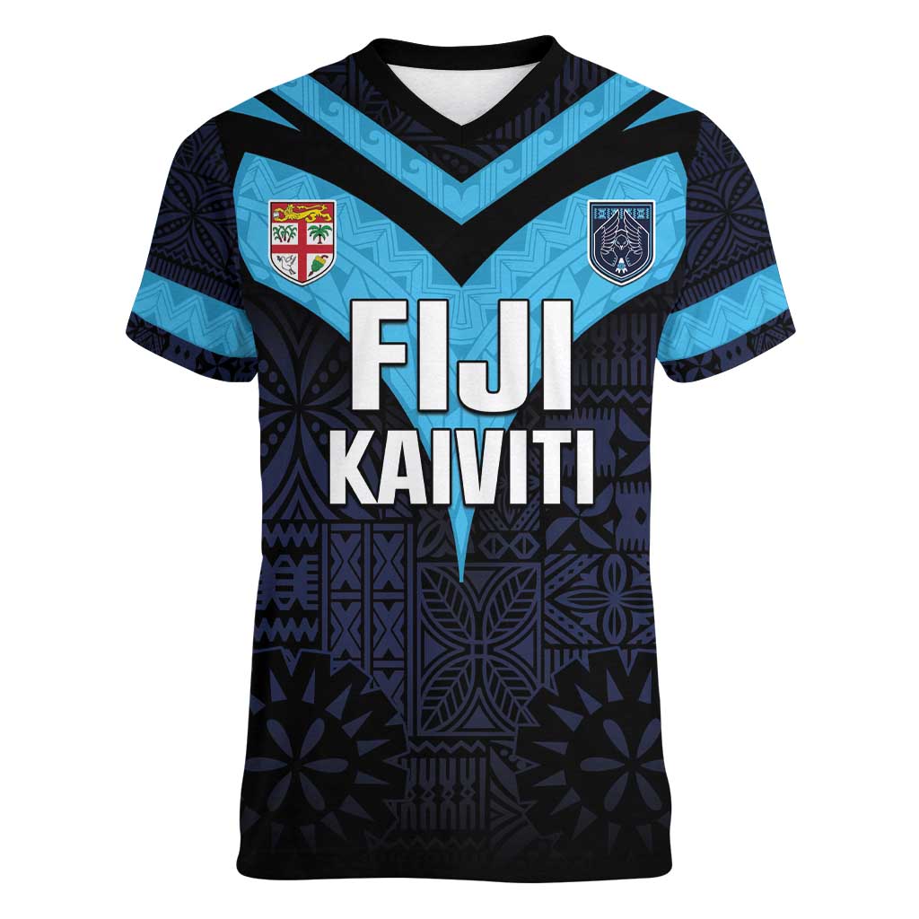 Custom Fiji Kaiviti Rugby Women V-Neck T-Shirt Fiji Tapa Pattern