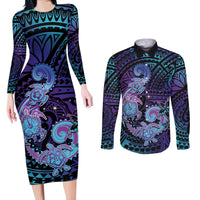 Hawaii Makahiki Turtle Couples Matching Long Sleeve Bodycon Dress and Long Sleeve Button Shirt Spiral Polynesian Tattoo LT05 Purple - Polynesian Pride