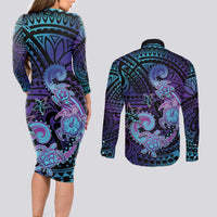 Hawaii Makahiki Turtle Couples Matching Long Sleeve Bodycon Dress and Long Sleeve Button Shirt Spiral Polynesian Tattoo LT05 - Polynesian Pride