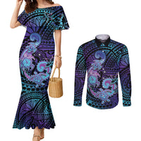 Hawaii Makahiki Turtle Couples Matching Mermaid Dress and Long Sleeve Button Shirt Spiral Polynesian Tattoo LT05 Purple - Polynesian Pride