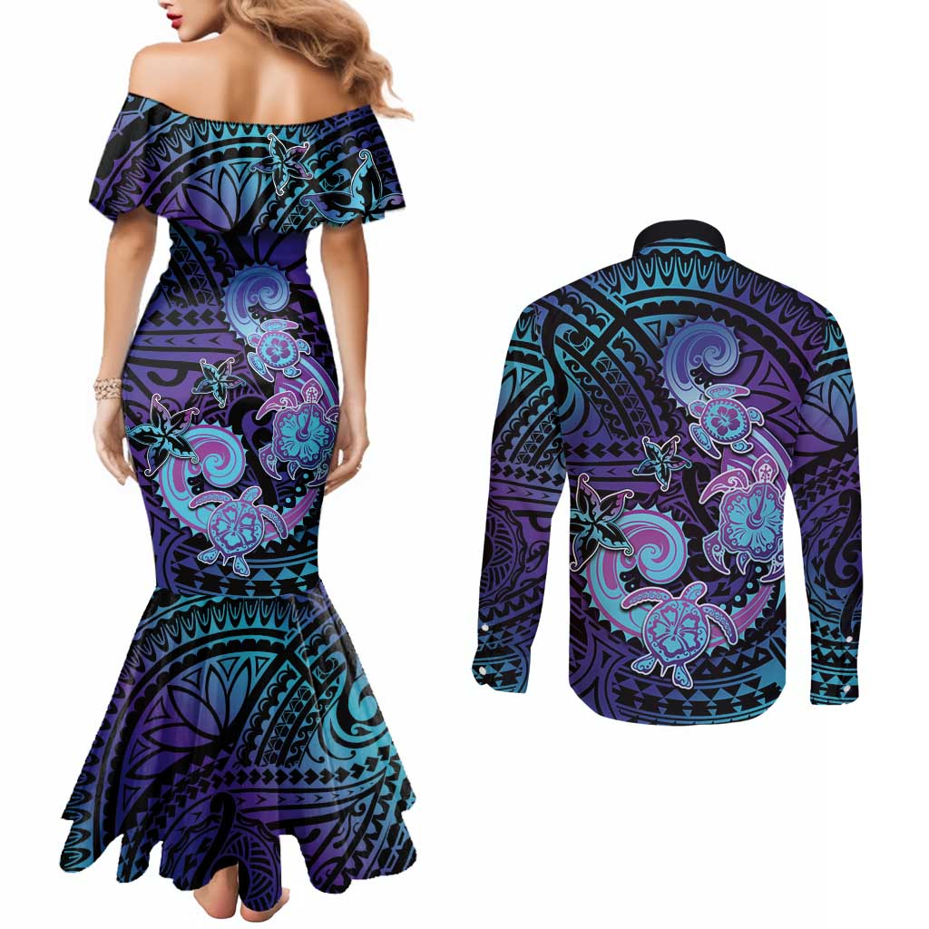 Hawaii Makahiki Turtle Couples Matching Mermaid Dress and Long Sleeve Button Shirt Spiral Polynesian Tattoo LT05 - Polynesian Pride