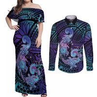 Hawaii Makahiki Turtle Couples Matching Off Shoulder Maxi Dress and Long Sleeve Button Shirt Spiral Polynesian Tattoo LT05 Purple - Polynesian Pride