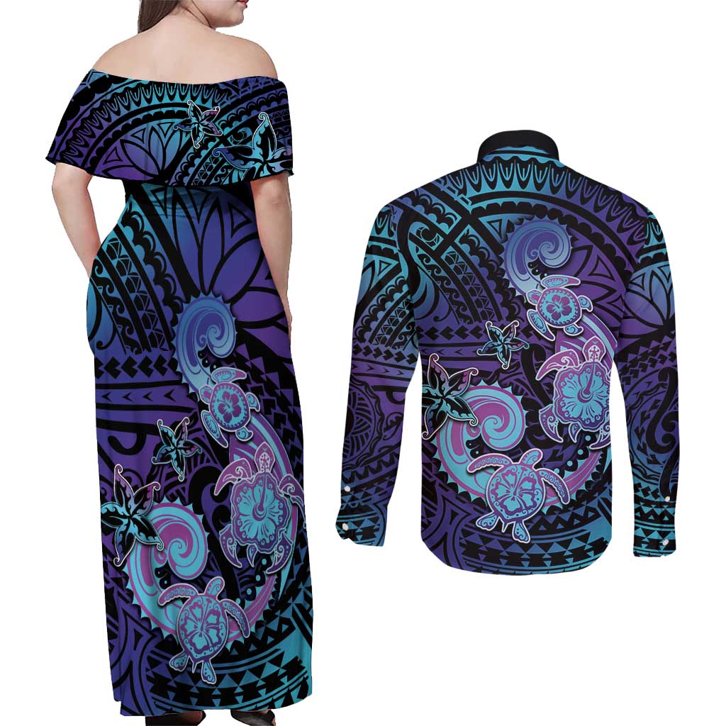 Hawaii Makahiki Turtle Couples Matching Off Shoulder Maxi Dress and Long Sleeve Button Shirt Spiral Polynesian Tattoo LT05 - Polynesian Pride