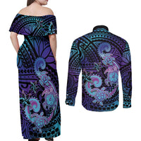 Hawaii Makahiki Turtle Couples Matching Off Shoulder Maxi Dress and Long Sleeve Button Shirt Spiral Polynesian Tattoo LT05 - Polynesian Pride