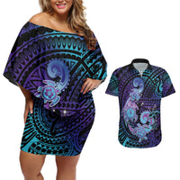 Hawaii Makahiki Turtle Couples Matching Off Shoulder Short Dress and Hawaiian Shirt Spiral Polynesian Tattoo LT05 Purple - Polynesian Pride
