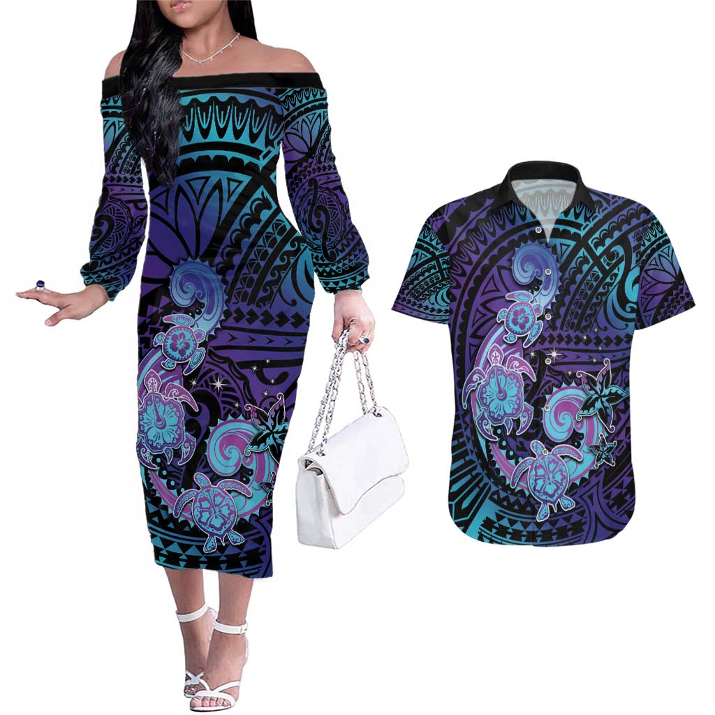 Hawaii Makahiki Turtle Couples Matching Off The Shoulder Long Sleeve Dress and Hawaiian Shirt Spiral Polynesian Tattoo LT05 Purple - Polynesian Pride