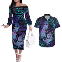 Hawaii Makahiki Turtle Couples Matching Off The Shoulder Long Sleeve Dress and Hawaiian Shirt Spiral Polynesian Tattoo LT05 Purple - Polynesian Pride