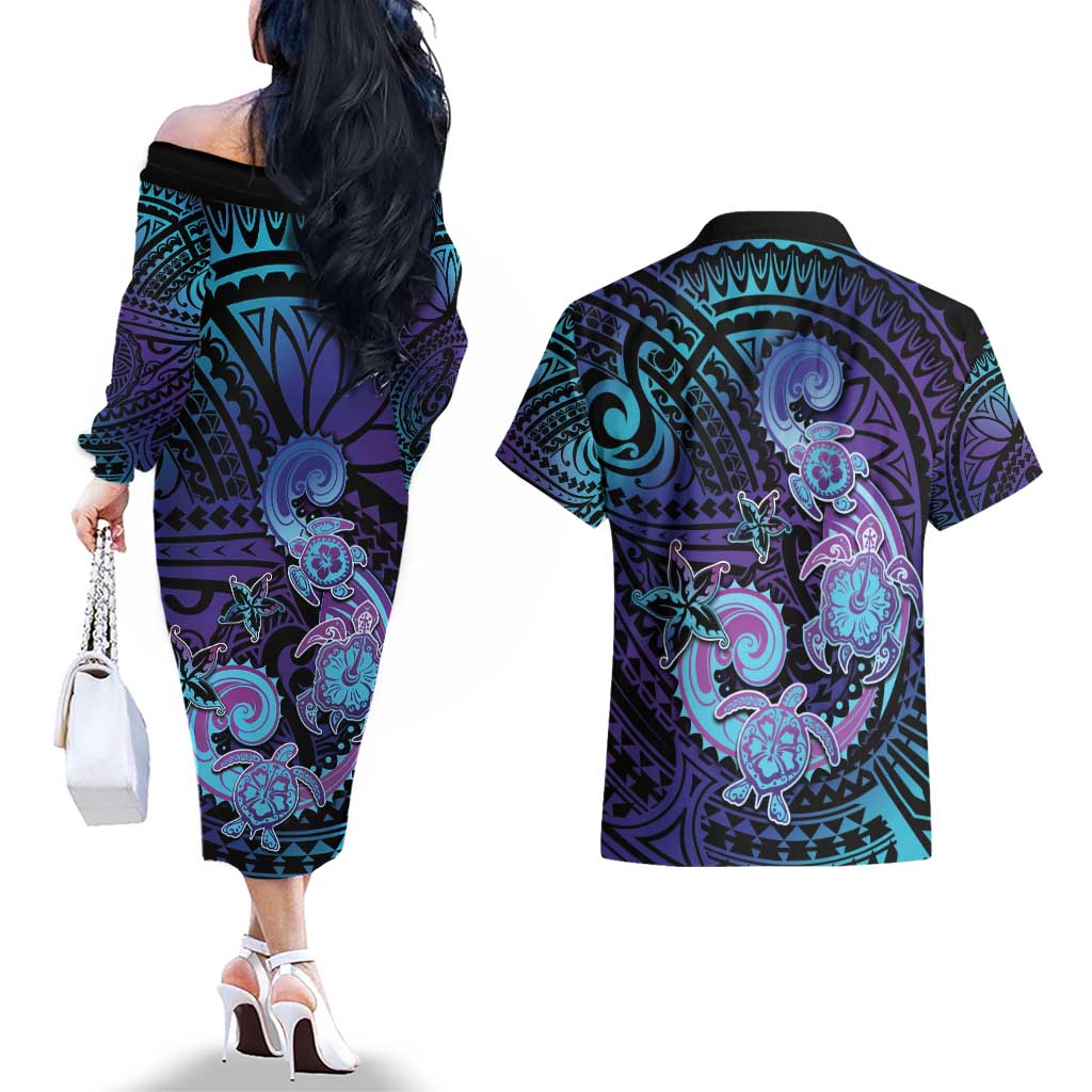 Hawaii Makahiki Turtle Couples Matching Off The Shoulder Long Sleeve Dress and Hawaiian Shirt Spiral Polynesian Tattoo LT05 - Polynesian Pride