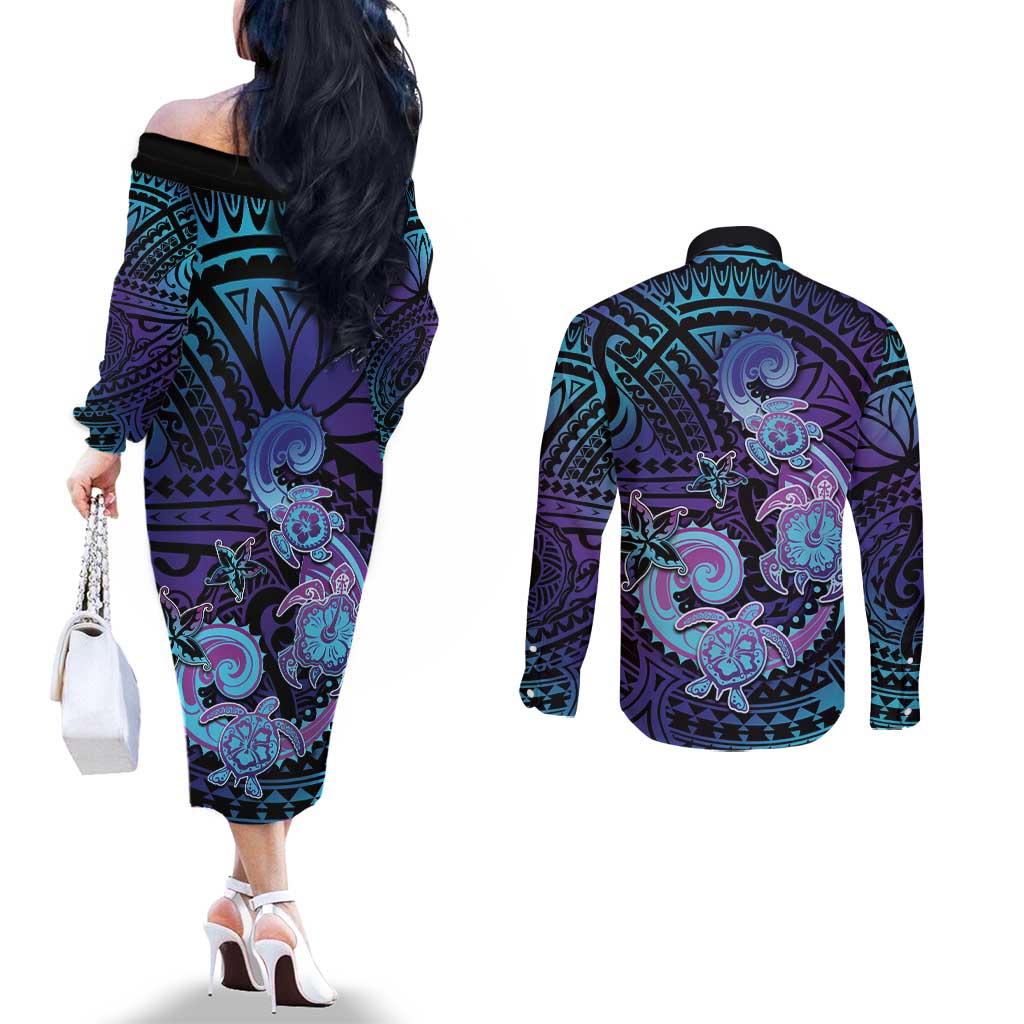 Hawaii Makahiki Turtle Couples Matching Off The Shoulder Long Sleeve Dress and Long Sleeve Button Shirt Spiral Polynesian Tattoo LT05 - Polynesian Pride