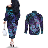 Hawaii Makahiki Turtle Couples Matching Off The Shoulder Long Sleeve Dress and Long Sleeve Button Shirt Spiral Polynesian Tattoo LT05 - Polynesian Pride