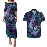 Hawaii Makahiki Turtle Couples Matching Puletasi and Hawaiian Shirt Spiral Polynesian Tattoo LT05 Purple - Polynesian Pride