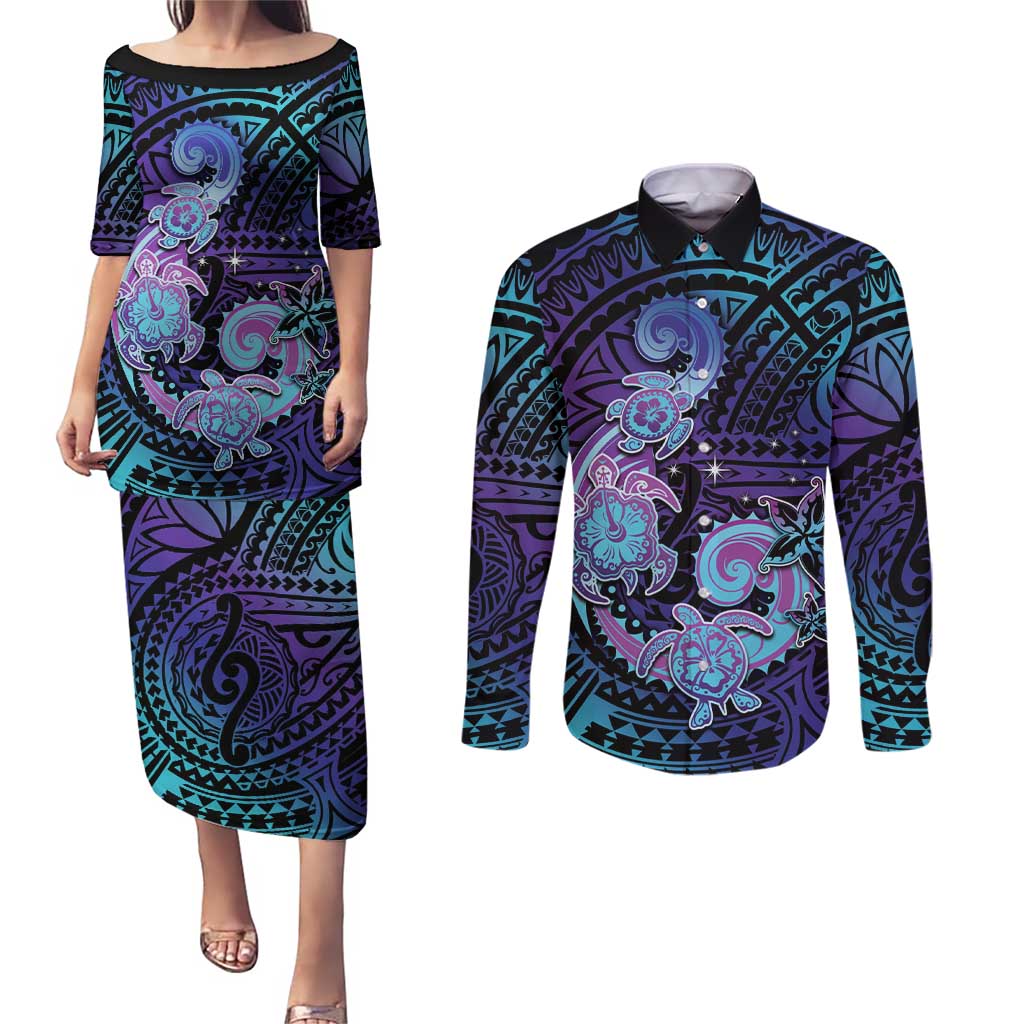 Hawaii Makahiki Turtle Couples Matching Puletasi and Long Sleeve Button Shirt Spiral Polynesian Tattoo LT05 Purple - Polynesian Pride