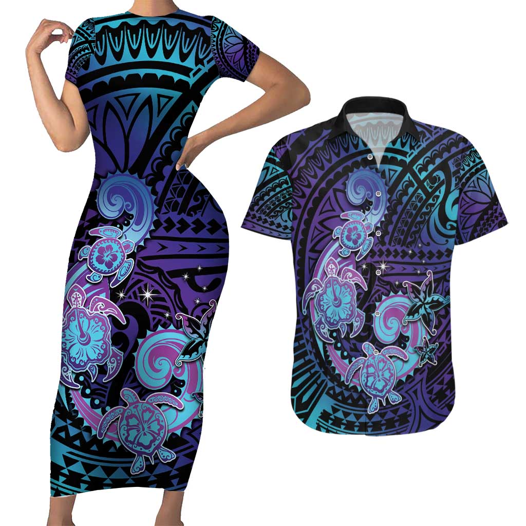 Hawaii Makahiki Turtle Couples Matching Short Sleeve Bodycon Dress and Hawaiian Shirt Spiral Polynesian Tattoo LT05 Purple - Polynesian Pride