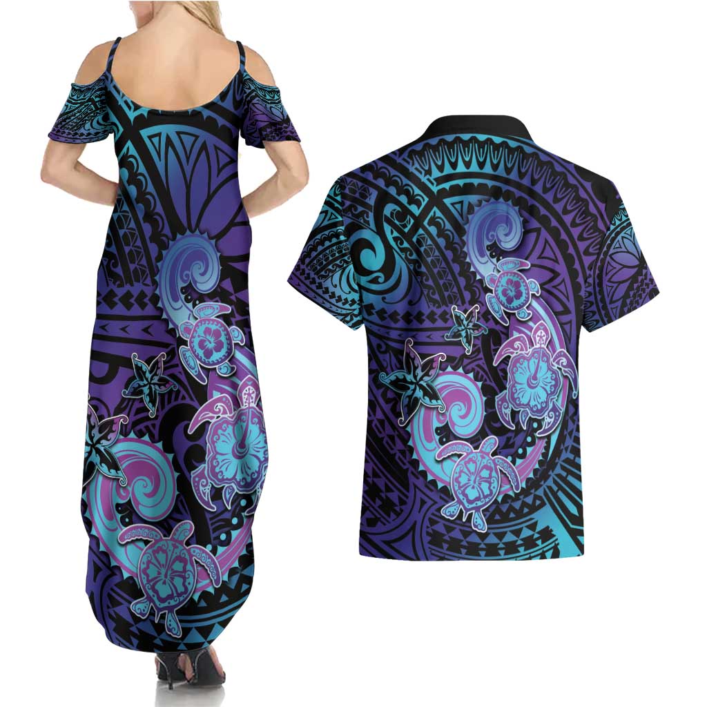 Hawaii Makahiki Turtle Couples Matching Summer Maxi Dress and Hawaiian Shirt Spiral Polynesian Tattoo LT05 - Polynesian Pride