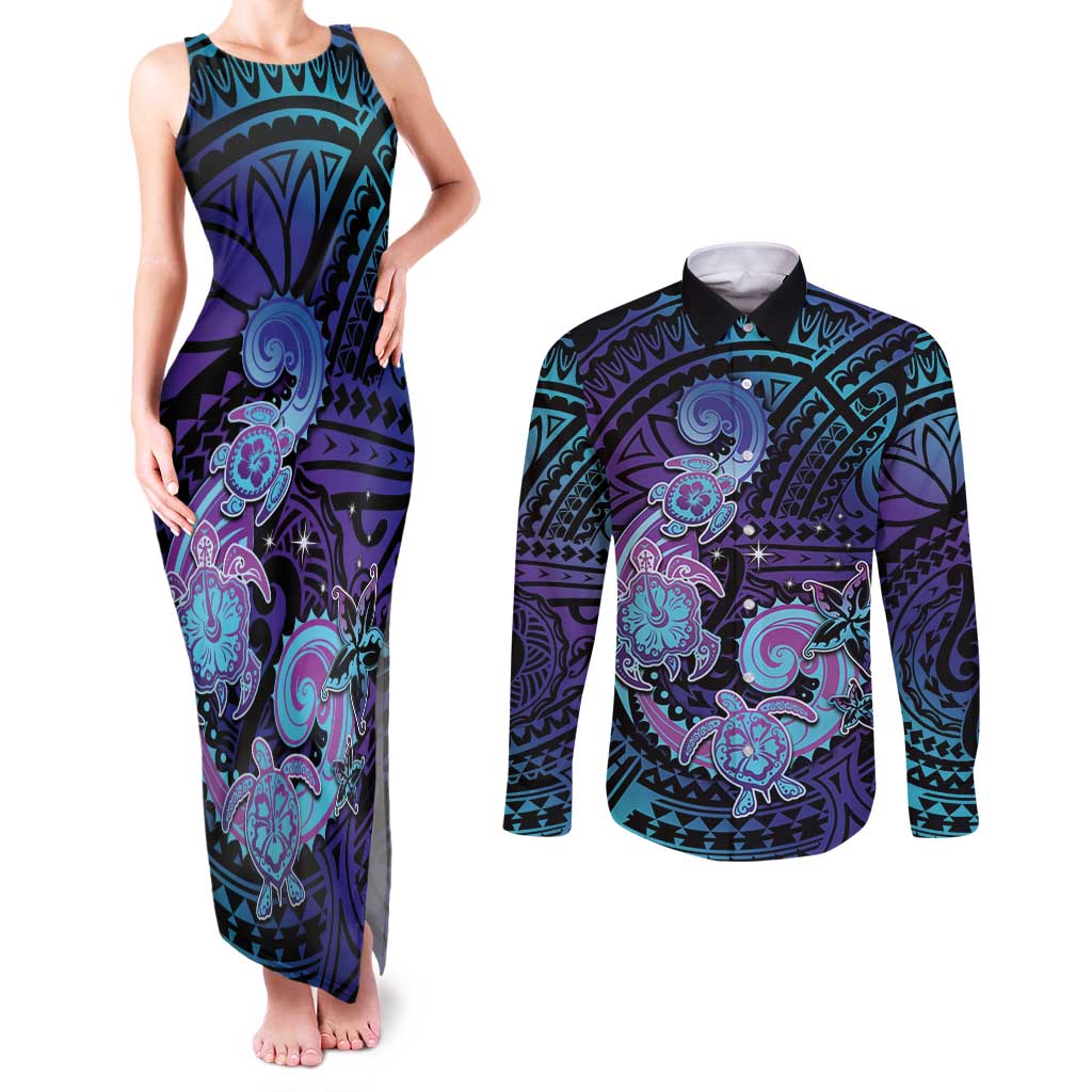 Hawaii Makahiki Turtle Couples Matching Tank Maxi Dress and Long Sleeve Button Shirt Spiral Polynesian Tattoo
