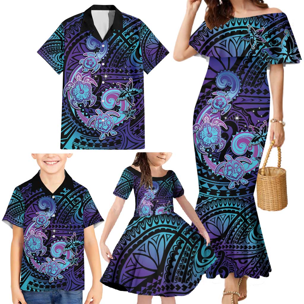 Hawaii Makahiki Turtle Family Matching Mermaid Dress and Hawaiian Shirt Spiral Polynesian Tattoo