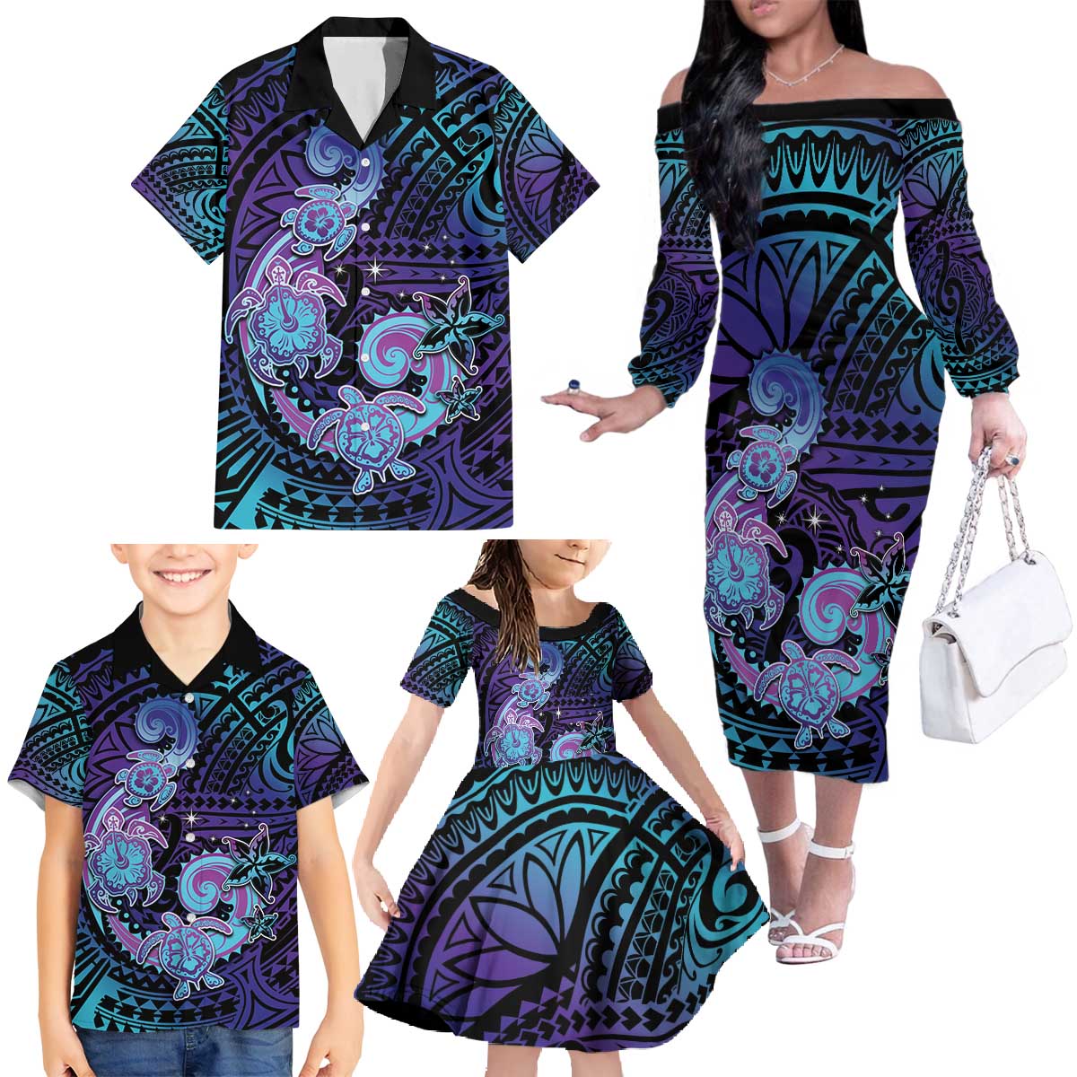 Hawaii Makahiki Turtle Family Matching Off The Shoulder Long Sleeve Dress and Hawaiian Shirt Spiral Polynesian Tattoo