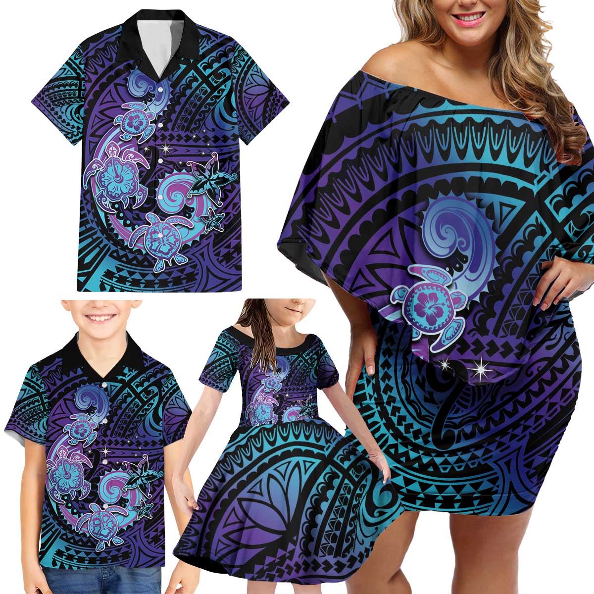 Hawaii Makahiki Turtle Family Matching Off Shoulder Short Dress and Hawaiian Shirt Spiral Polynesian Tattoo