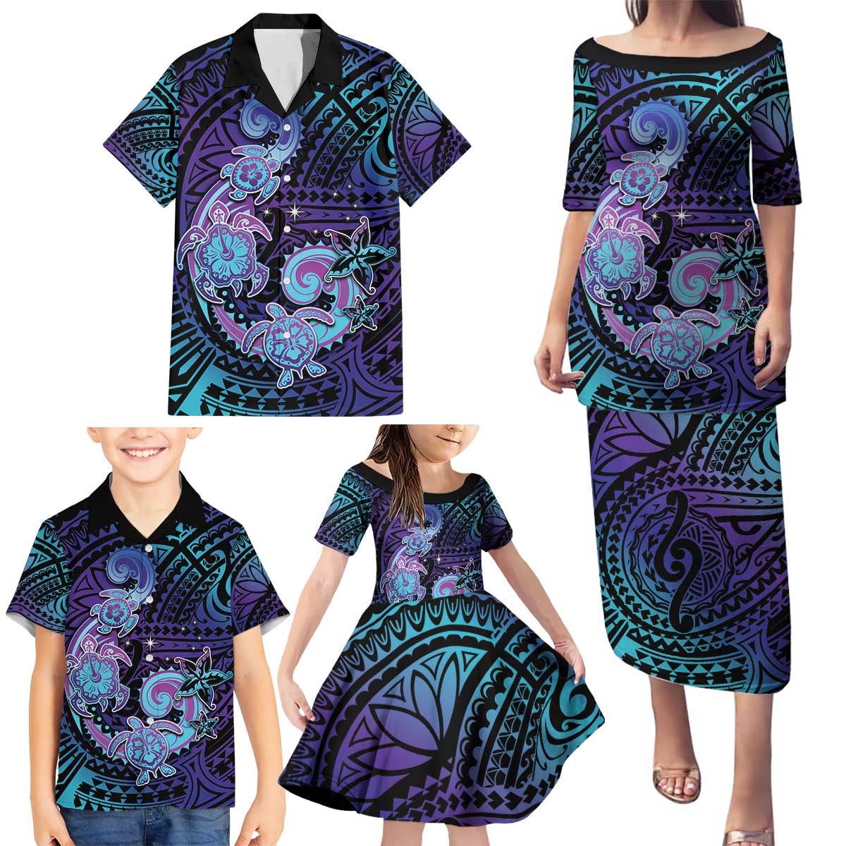 Hawaii Makahiki Turtle Family Matching Puletasi and Hawaiian Shirt Spiral Polynesian Tattoo