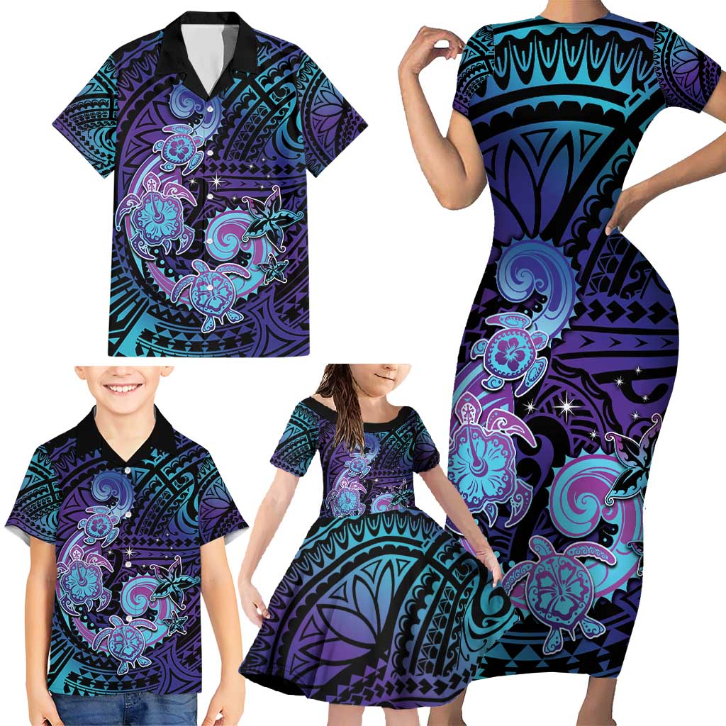 Hawaii Makahiki Turtle Family Matching Short Sleeve Bodycon Dress and Hawaiian Shirt Spiral Polynesian Tattoo