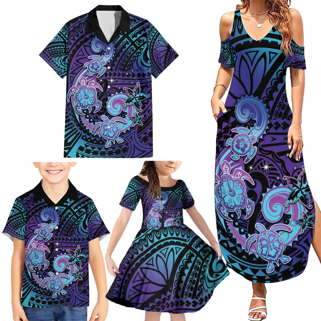 Hawaii Makahiki Turtle Family Matching Summer Maxi Dress and Hawaiian Shirt Spiral Polynesian Tattoo