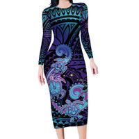 Hawaii Makahiki Turtle Long Sleeve Bodycon Dress Spiral Polynesian Tattoo