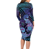Hawaii Makahiki Turtle Long Sleeve Bodycon Dress Spiral Polynesian Tattoo