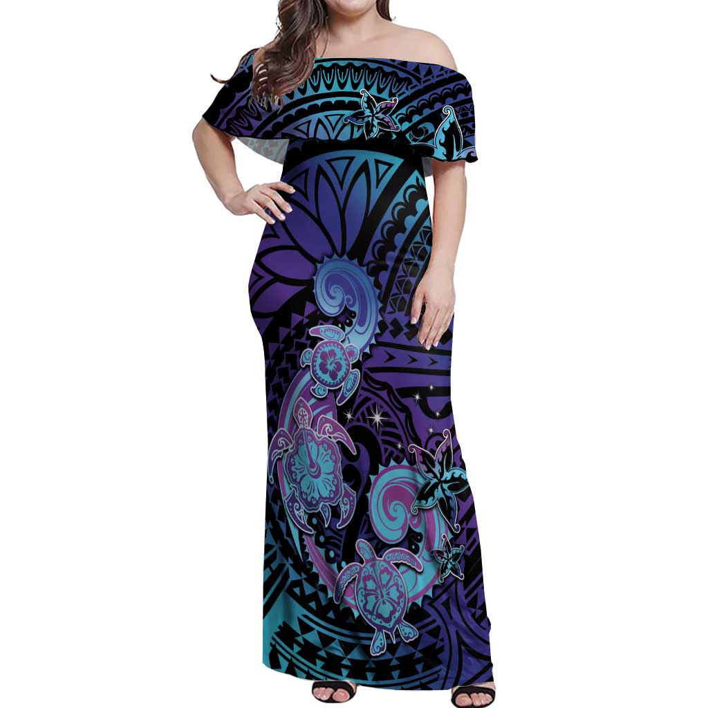 Hawaii Makahiki Turtle Off Shoulder Maxi Dress Spiral Polynesian Tattoo LT05 Women Purple - Polynesian Pride