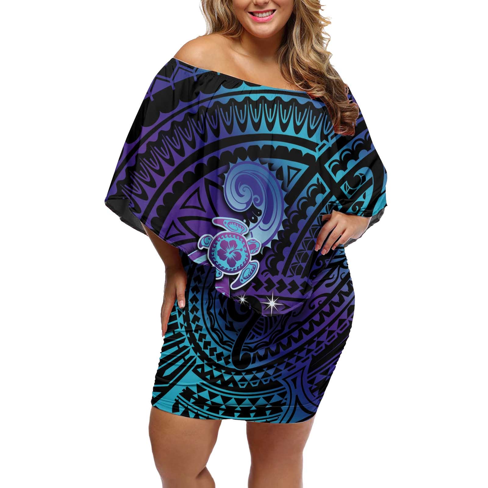 Hawaii Makahiki Turtle Off Shoulder Short Dress Spiral Polynesian Tattoo LT05 Women Purple - Polynesian Pride