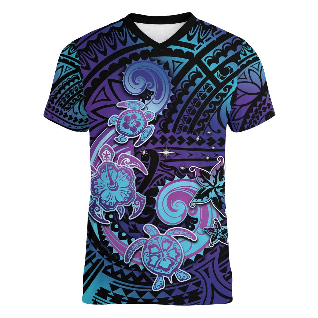 Hawaii Makahiki Turtle Women V-Neck T-Shirt Spiral Polynesian Tattoo LT05 Female Purple - Polynesian Pride