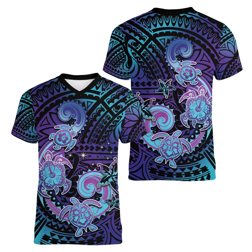 Hawaii Makahiki Turtle Women V-Neck T-Shirt Spiral Polynesian Tattoo LT05 - Polynesian Pride