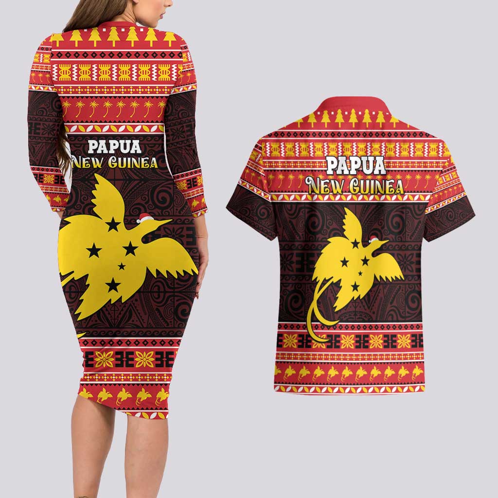 Papua New Guinea Christmas Couples Matching Long Sleeve Bodycon Dress and Hawaiian Shirt Santa Raggiana