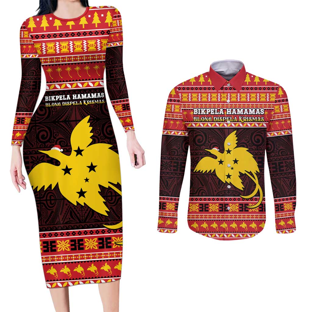 Papua New Guinea Christmas Couples Matching Long Sleeve Bodycon Dress and Long Sleeve Button Shirt Santa Raggiana LT05 Red - Polynesian Pride
