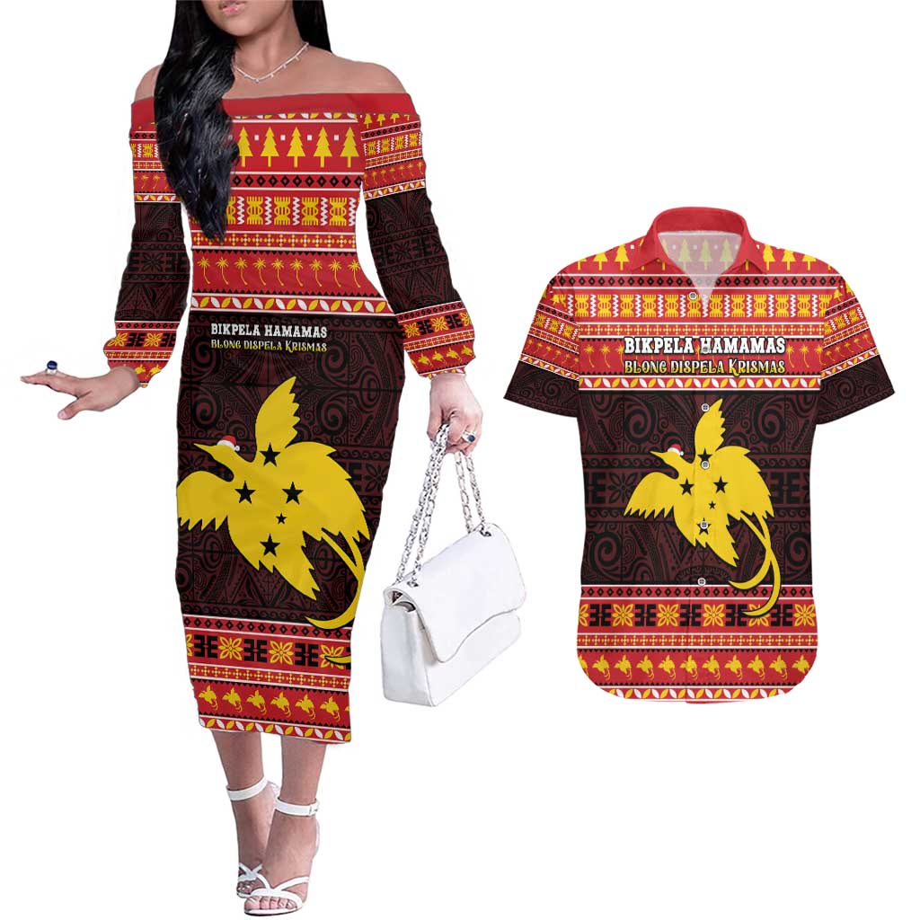 Papua New Guinea Christmas Couples Matching Off The Shoulder Long Sleeve Dress and Hawaiian Shirt Santa Raggiana