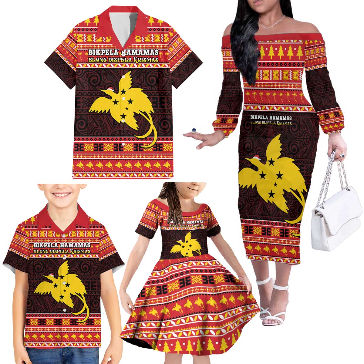 Papua New Guinea Christmas Family Matching Off The Shoulder Long Sleeve Dress and Hawaiian Shirt Santa Raggiana