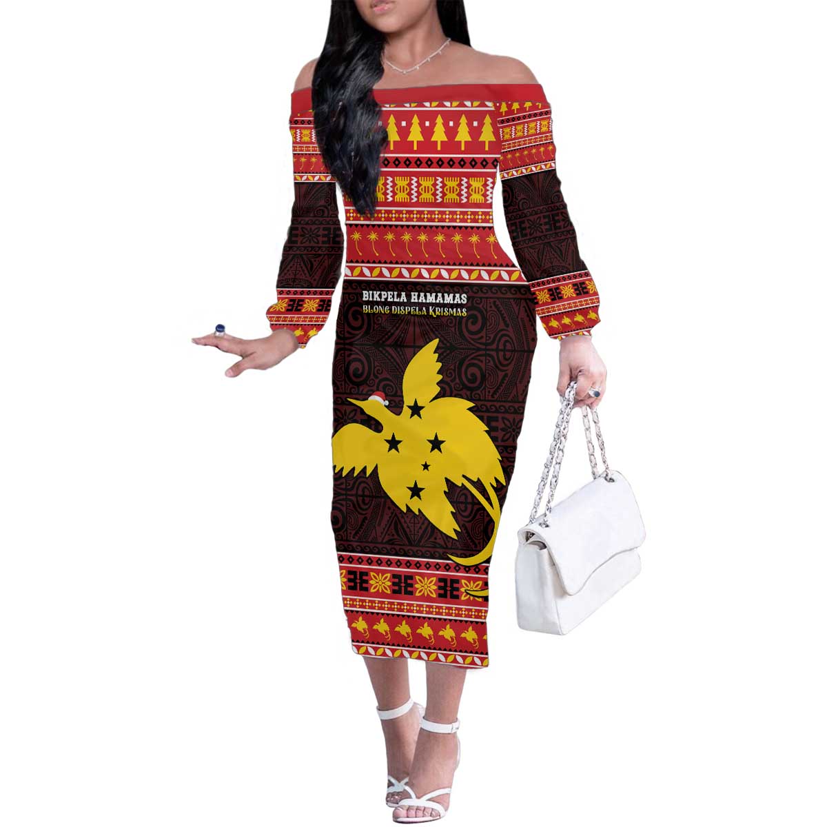Papua New Guinea Christmas Family Matching Off The Shoulder Long Sleeve Dress and Hawaiian Shirt Santa Raggiana