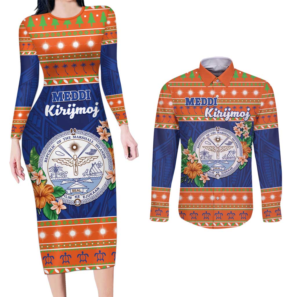 Marshall Islands Christmas Couples Matching Long Sleeve Bodycon Dress and Long Sleeve Button Shirt Marshallese Seal Meddi Kirijmoj