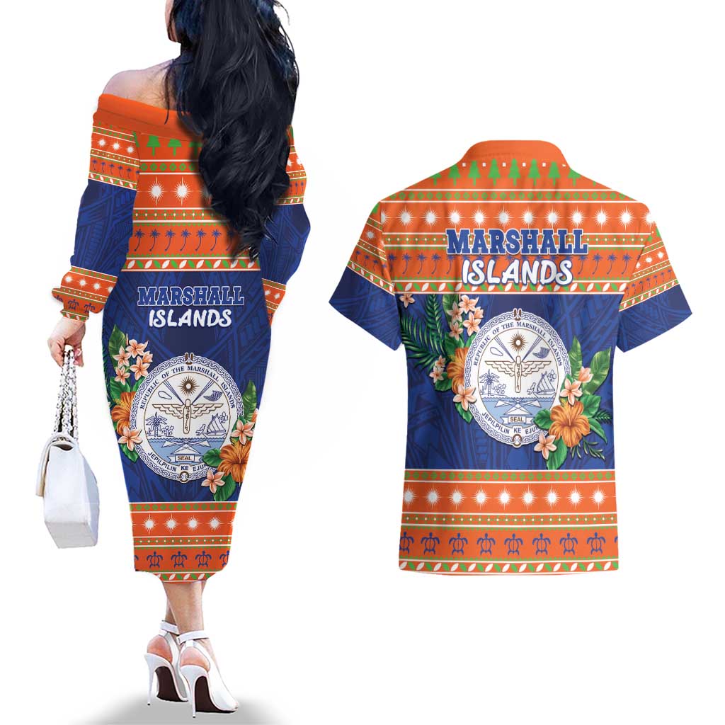 Marshall Islands Christmas Couples Matching Off The Shoulder Long Sleeve Dress and Hawaiian Shirt Marshallese Seal Meddi Kirijmoj