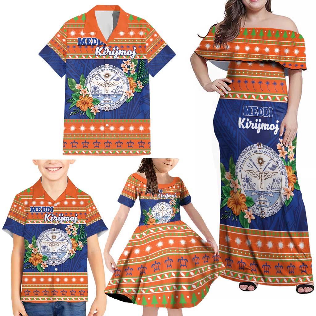 Marshall Islands Christmas Family Matching Off Shoulder Maxi Dress and Hawaiian Shirt Marshallese Seal Meddi Kirijmoj