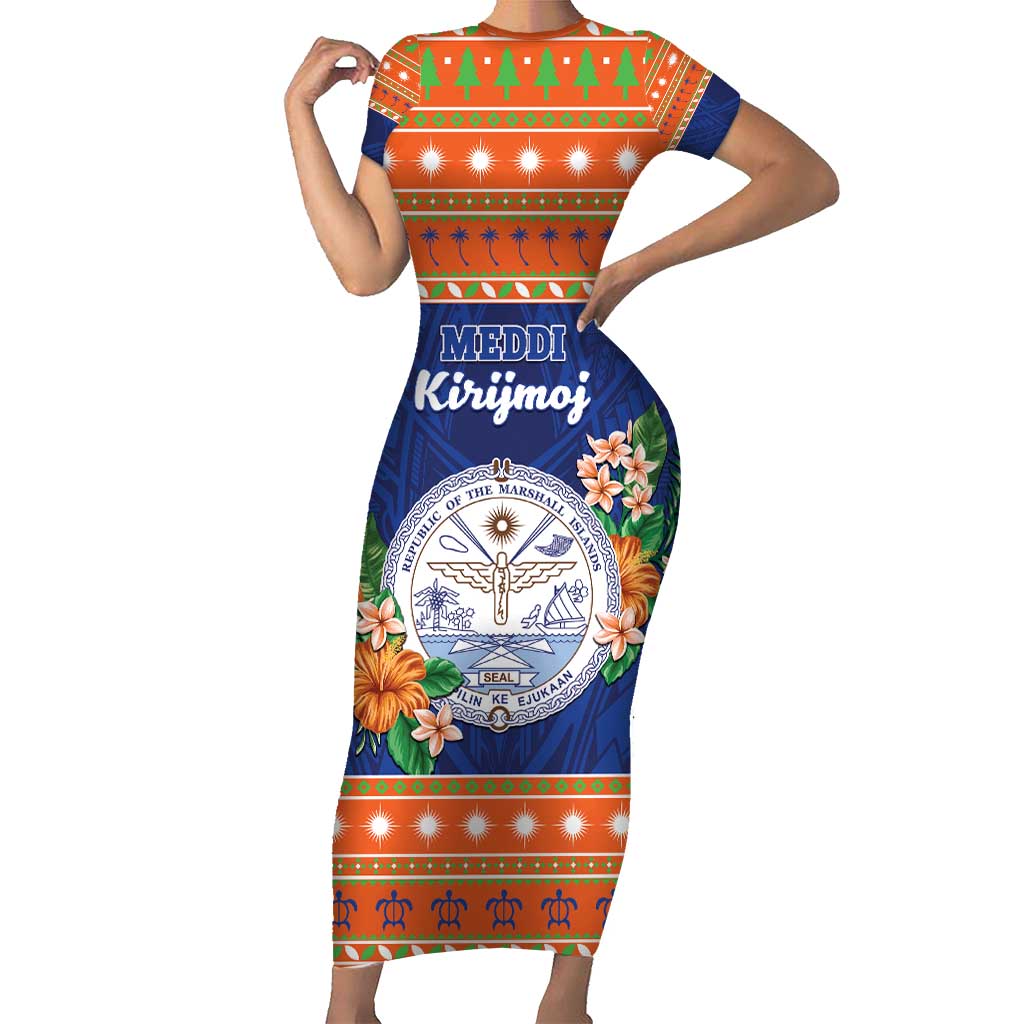 Marshall Islands Christmas Short Sleeve Bodycon Dress Marshallese Seal Meddi Kirijmoj