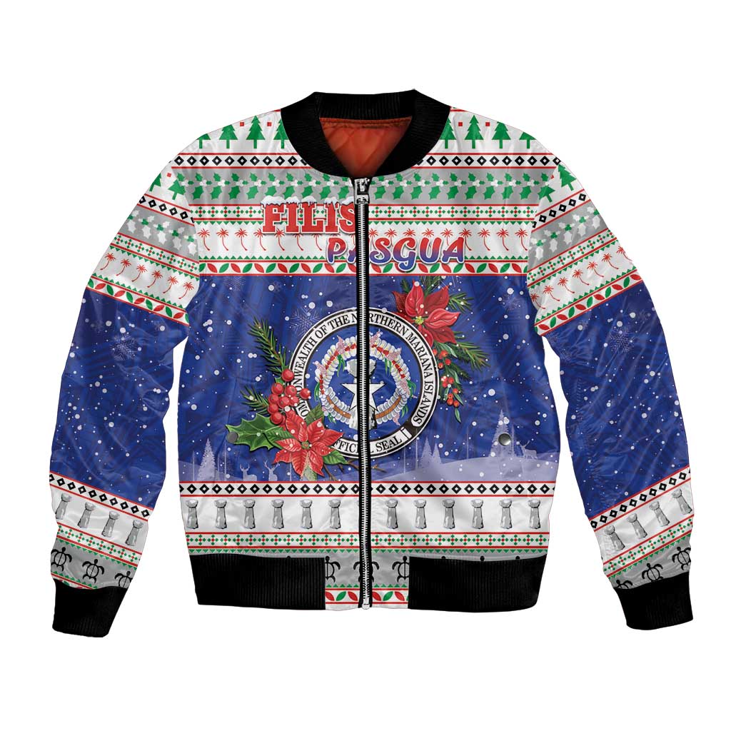 Northern Mariana Islands Christmas Bomber Jacket Poinsettia Filis Pasgua