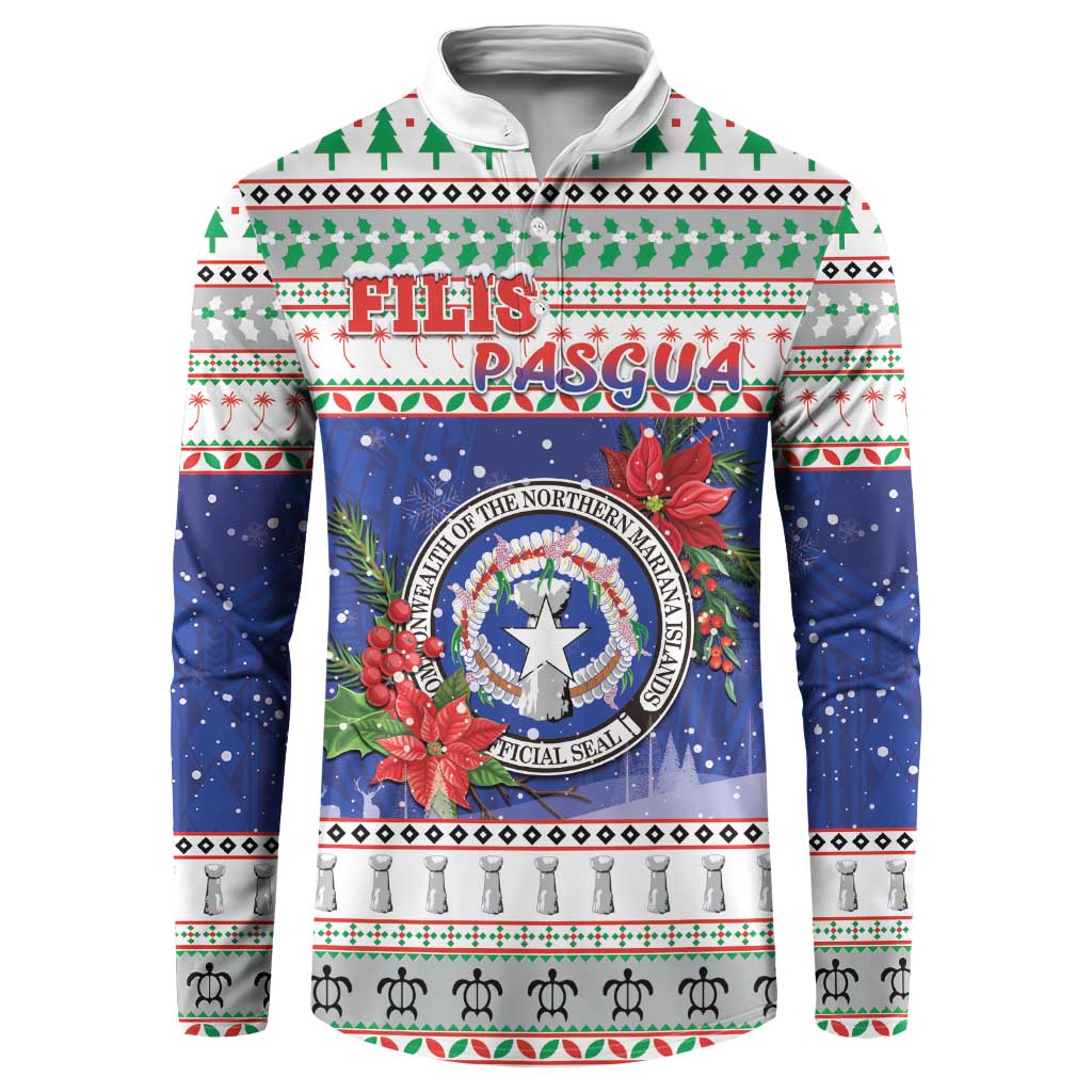 Northern Mariana Islands Christmas Button Sweatshirt Poinsettia Filis Pasgua