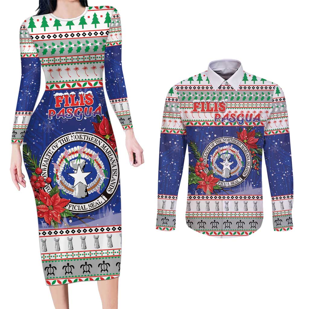 Northern Mariana Islands Christmas Couples Matching Long Sleeve Bodycon Dress and Long Sleeve Button Shirt Poinsettia Filis Pasgua