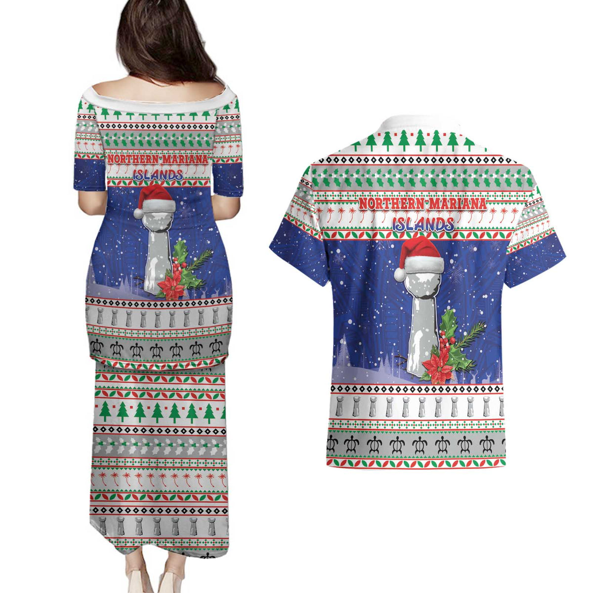 Northern Mariana Islands Christmas Couples Matching Puletasi and Hawaiian Shirt Poinsettia Filis Pasgua