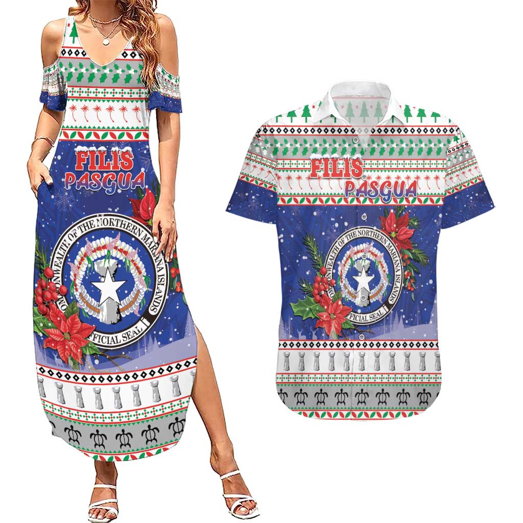 Northern Mariana Islands Christmas Couples Matching Summer Maxi Dress and Hawaiian Shirt Poinsettia Filis Pasgua