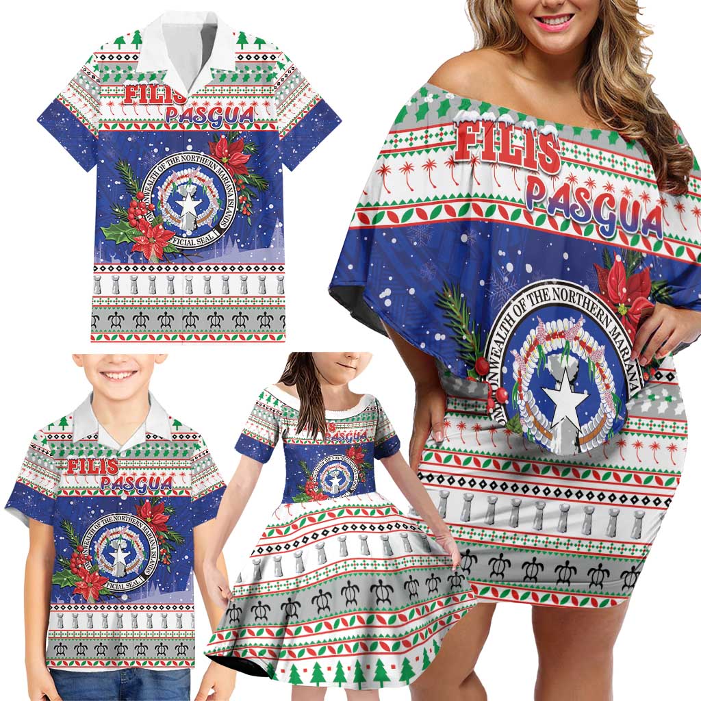 Northern Mariana Islands Christmas Family Matching Off Shoulder Short Dress and Hawaiian Shirt Poinsettia Filis Pasgua