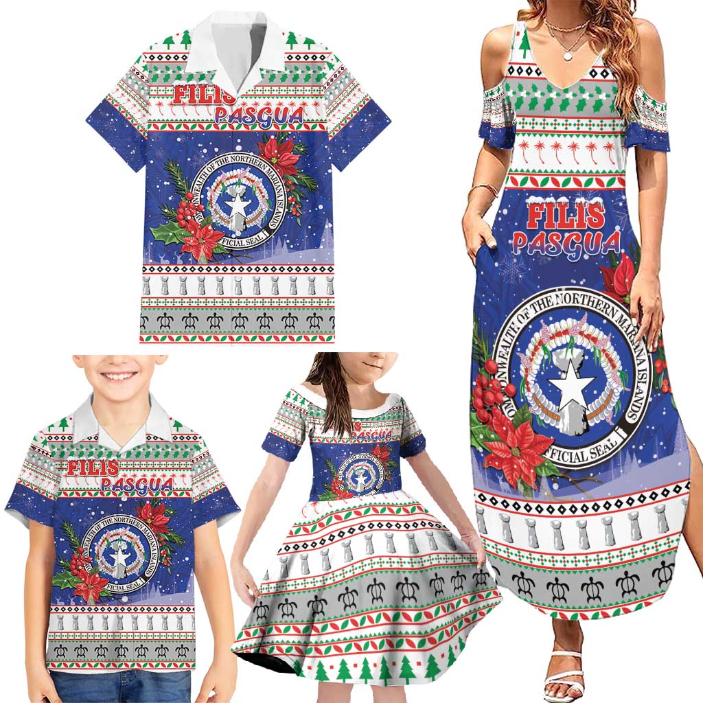 Northern Mariana Islands Christmas Family Matching Summer Maxi Dress and Hawaiian Shirt Poinsettia Filis Pasgua