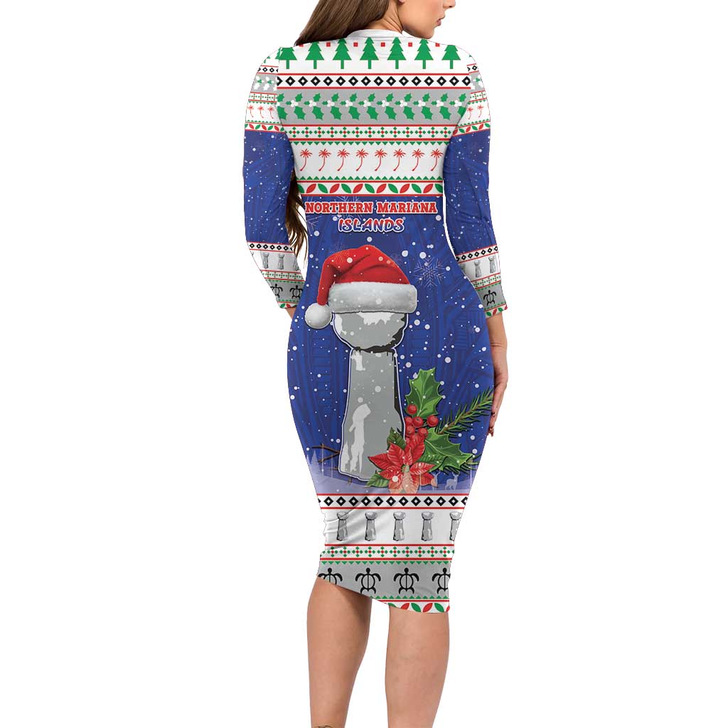 Northern Mariana Islands Christmas Long Sleeve Bodycon Dress Poinsettia Filis Pasgua