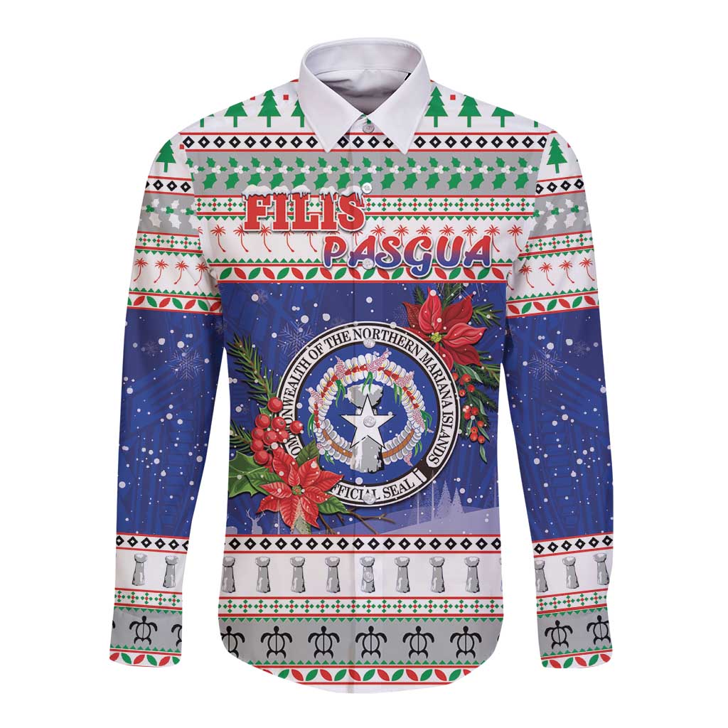 Northern Mariana Islands Christmas Long Sleeve Button Shirt Poinsettia Filis Pasgua