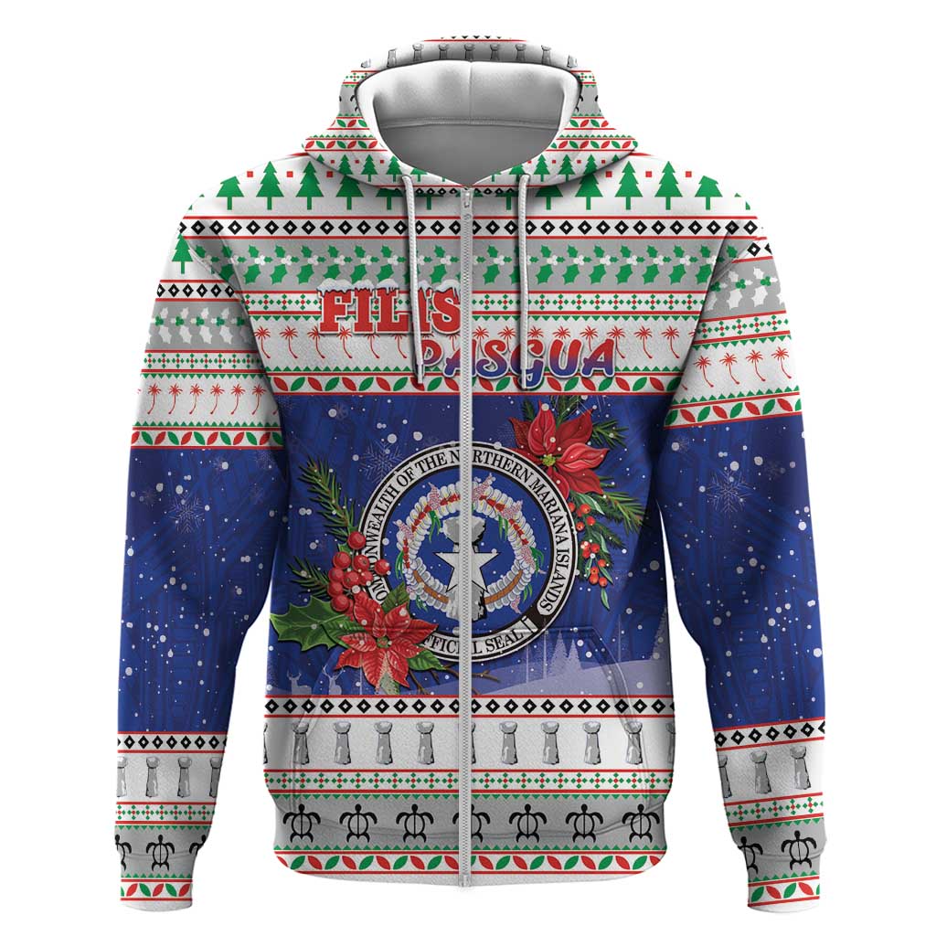 Northern Mariana Islands Christmas Zip Hoodie Poinsettia Filis Pasgua